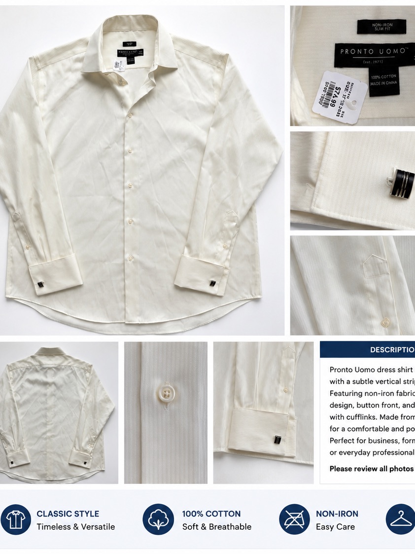Pronto Uomo Cream Vertical-Stripe Dress Shirt With French Cuffs
